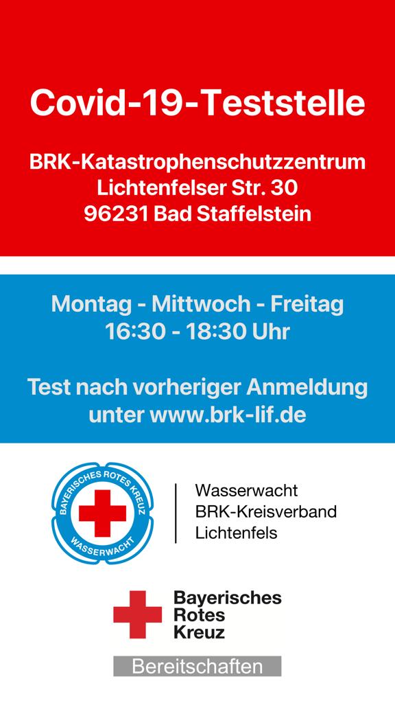 BRK-Kreisverband Lichtenfels
Im Auftrag des Landkreises Lichtenfels bietet der BRK-Kreisverband für die gesamte Bevölkerung der Bundesrepublik Deutschland kostenlose Antigen-Schnelltests (PoC) an.
Es hat jeder Bürger die Möglichkeit sich einmal pro Woche auf SARS-CoV-2 mittels Schnelltest (PoC) testen zu lassen. Hierzu ist eine Anmeldung über dieses Portal notwendig.